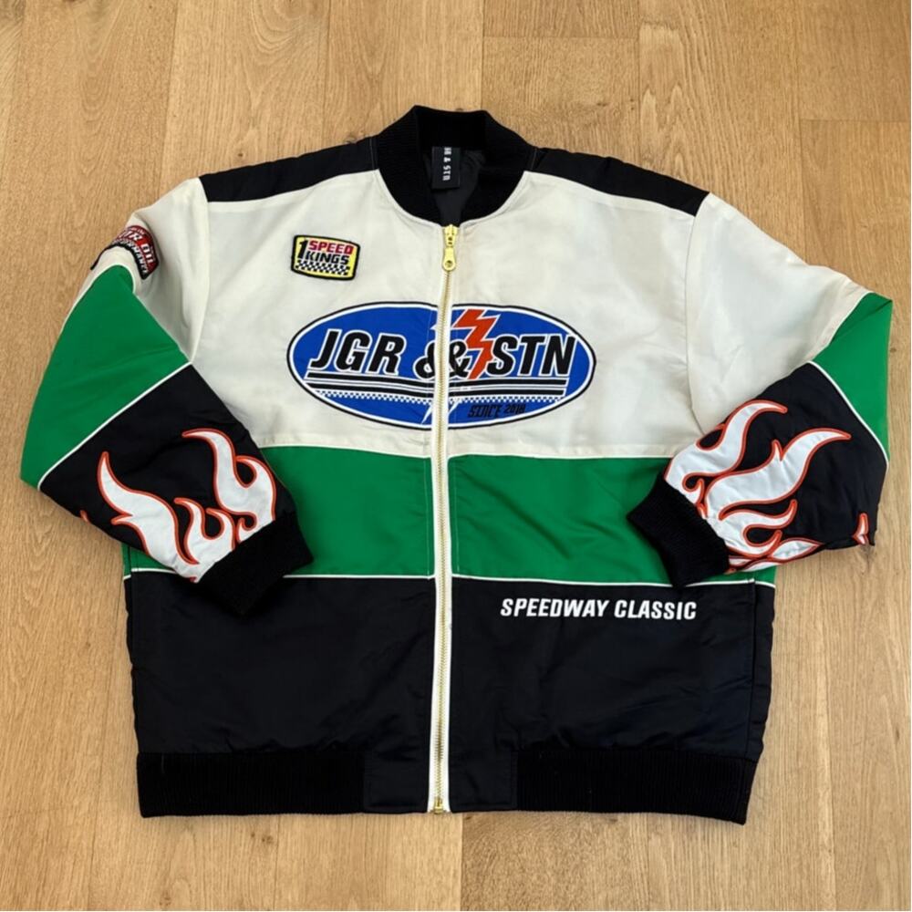 Jagger and Stone Axel Moto Bomber Oversized Jacket Size XS S in Black Green